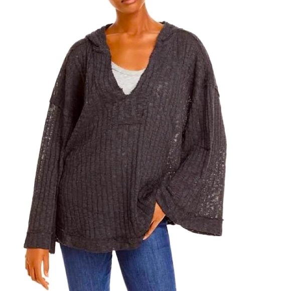 FREE PEOPLE Baja Babe Hooded Hacci Sweater NWT Size Small Washed Black - Picture 2 of 8